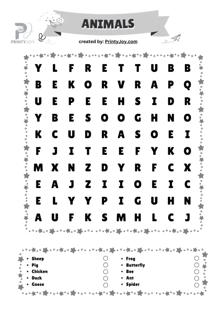 Animals Word Search For Kids Free Printable