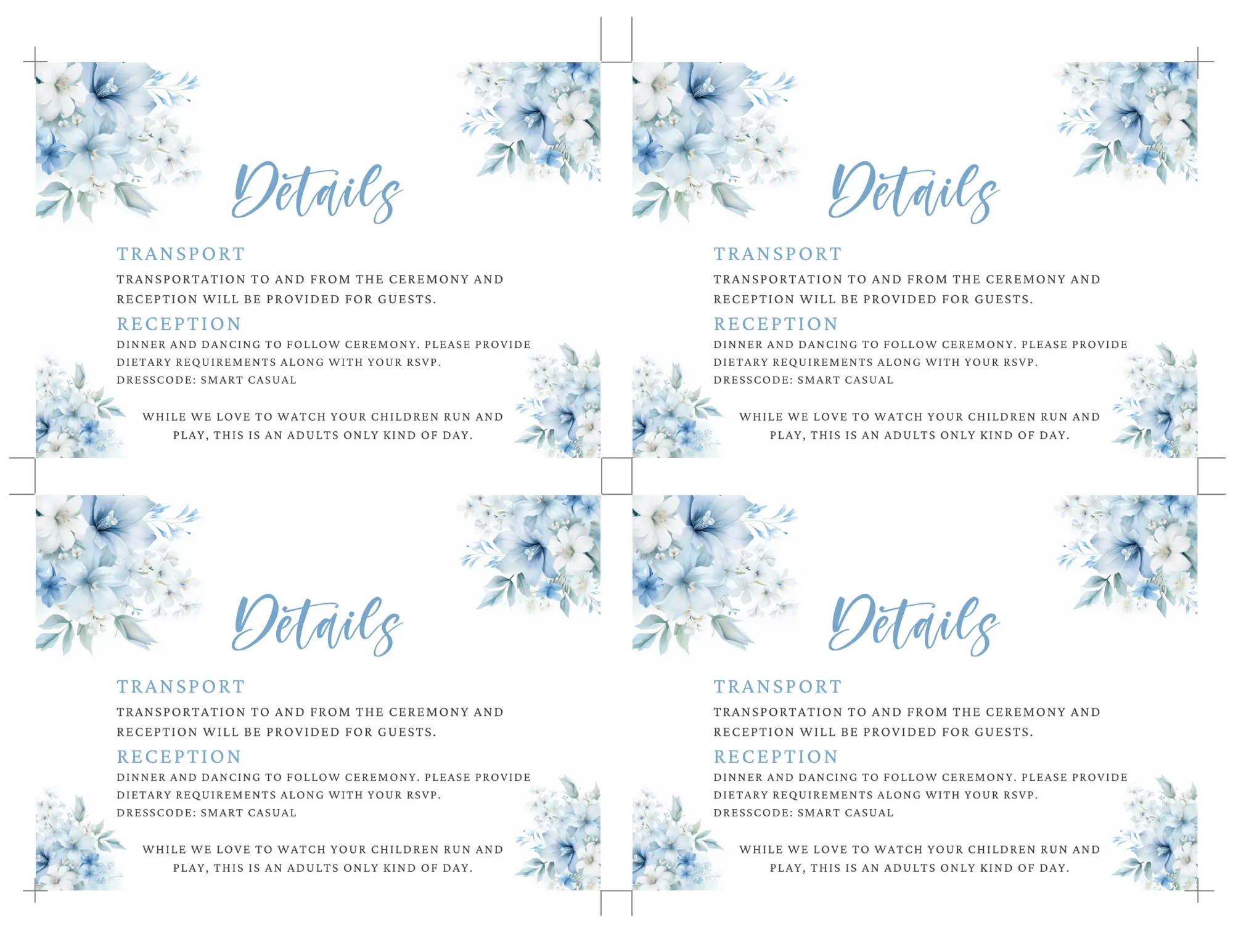 Blue Floral Wedding Details Card Template Free