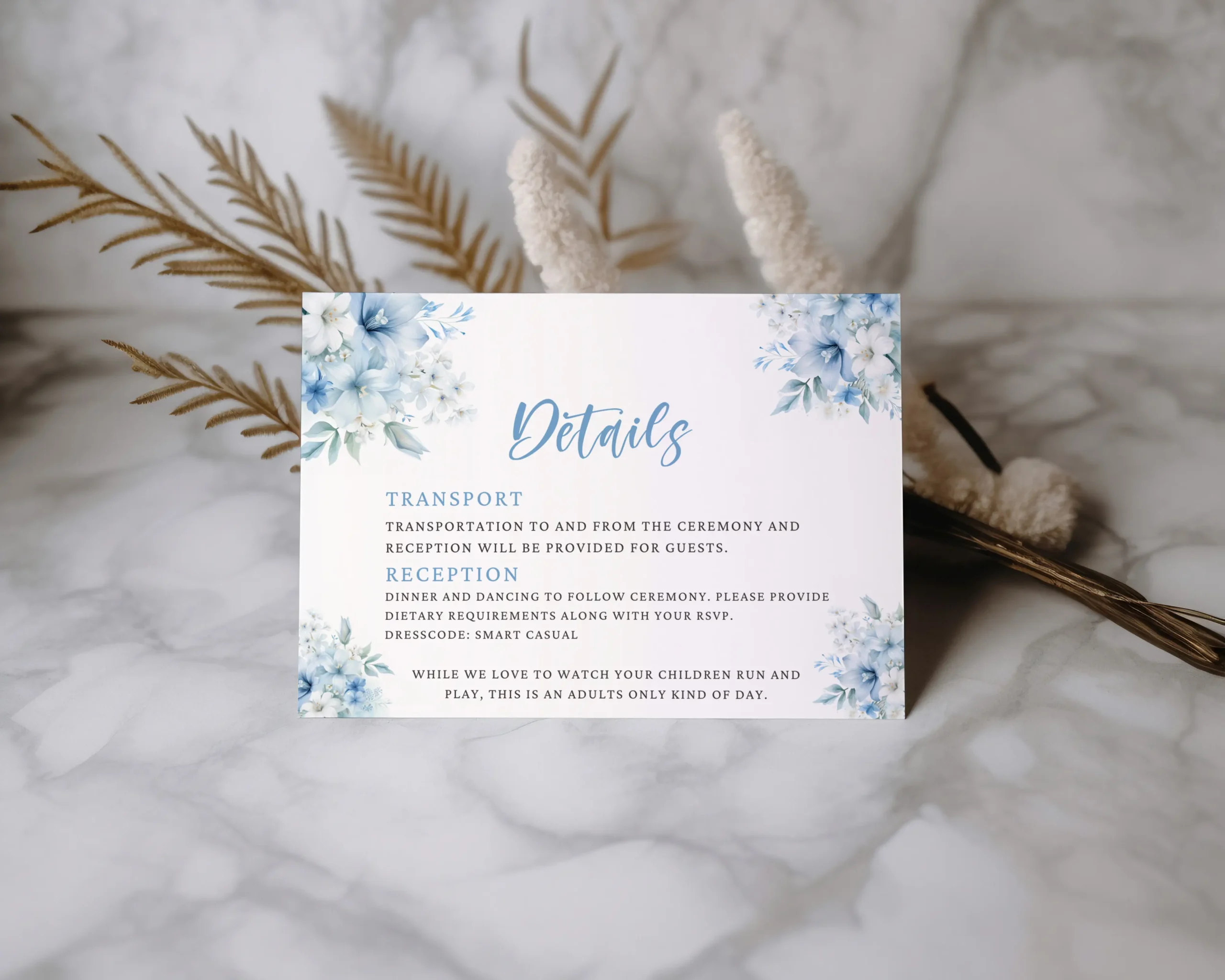 Blue Floral Wedding Details Card Template Free