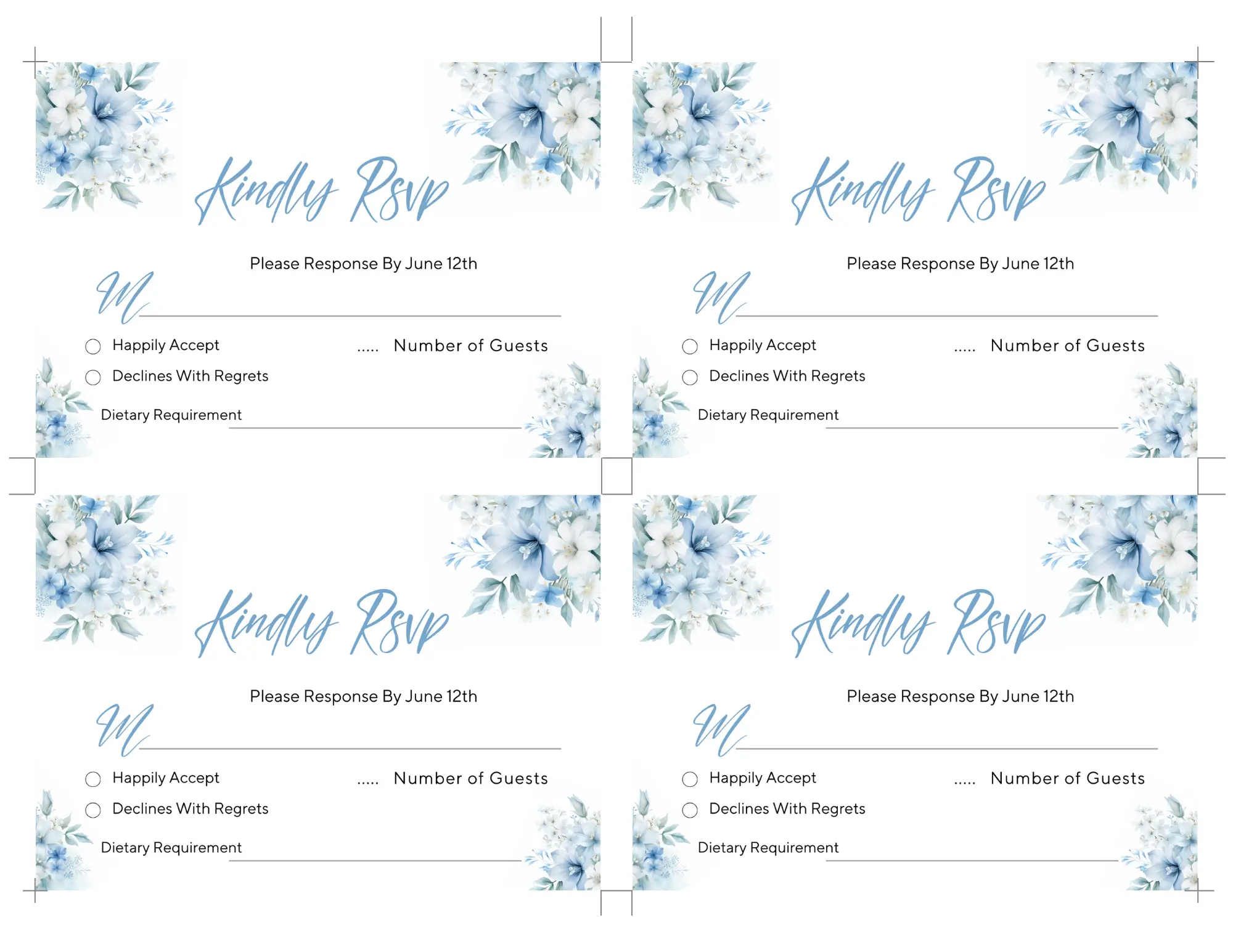 Blue Floral Wedding RSVP Card Template Free