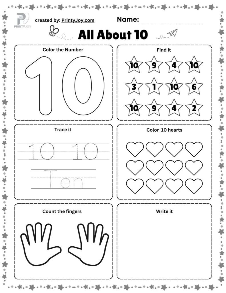 number 10 worksheets for preschool