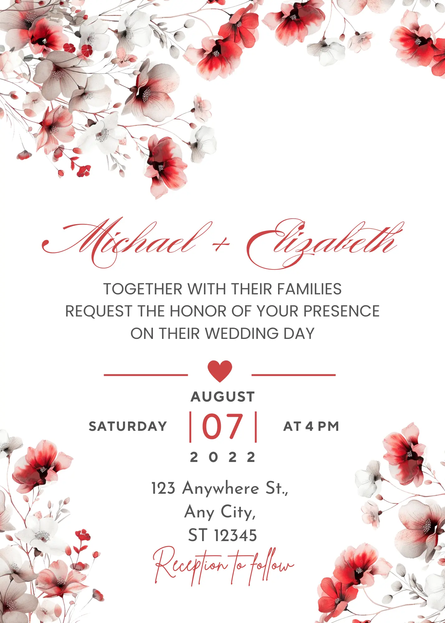 Red Floral Wedding Invitation Card Design