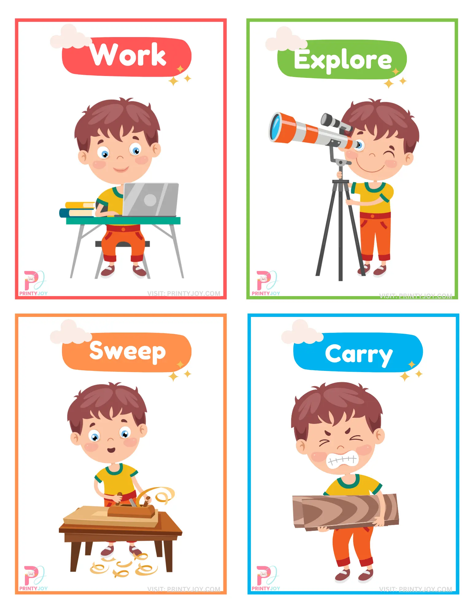 English action verbs flashcards for kindergarten