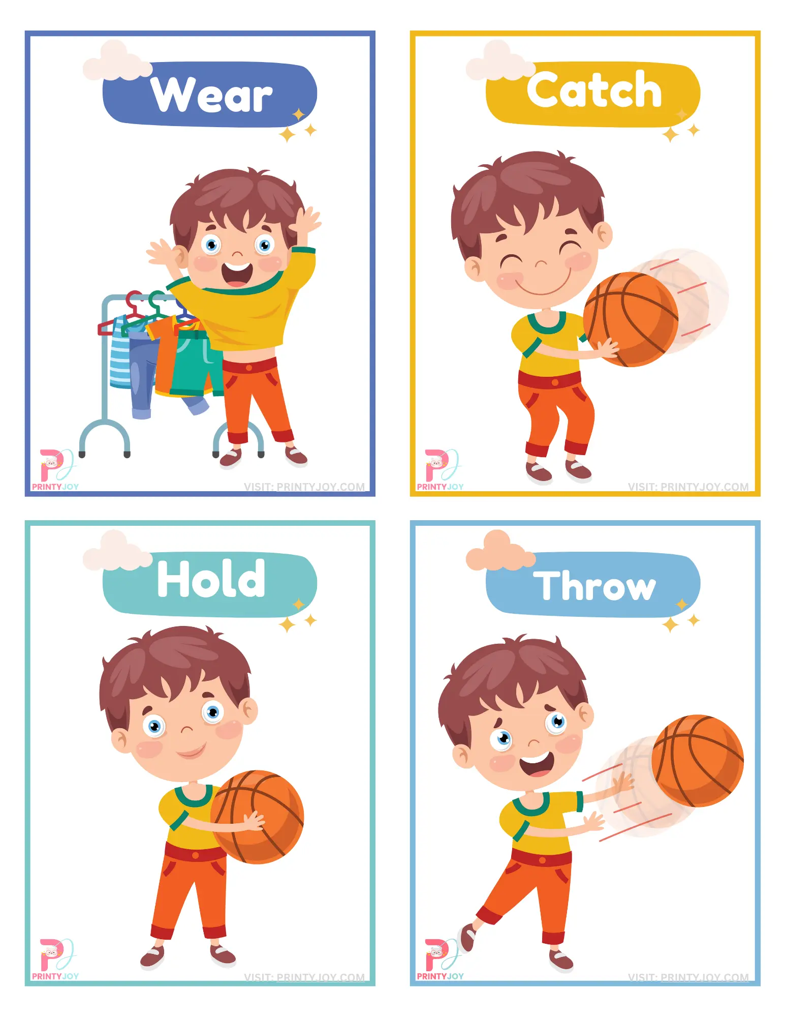 English action verbs flashcards for kindergarten