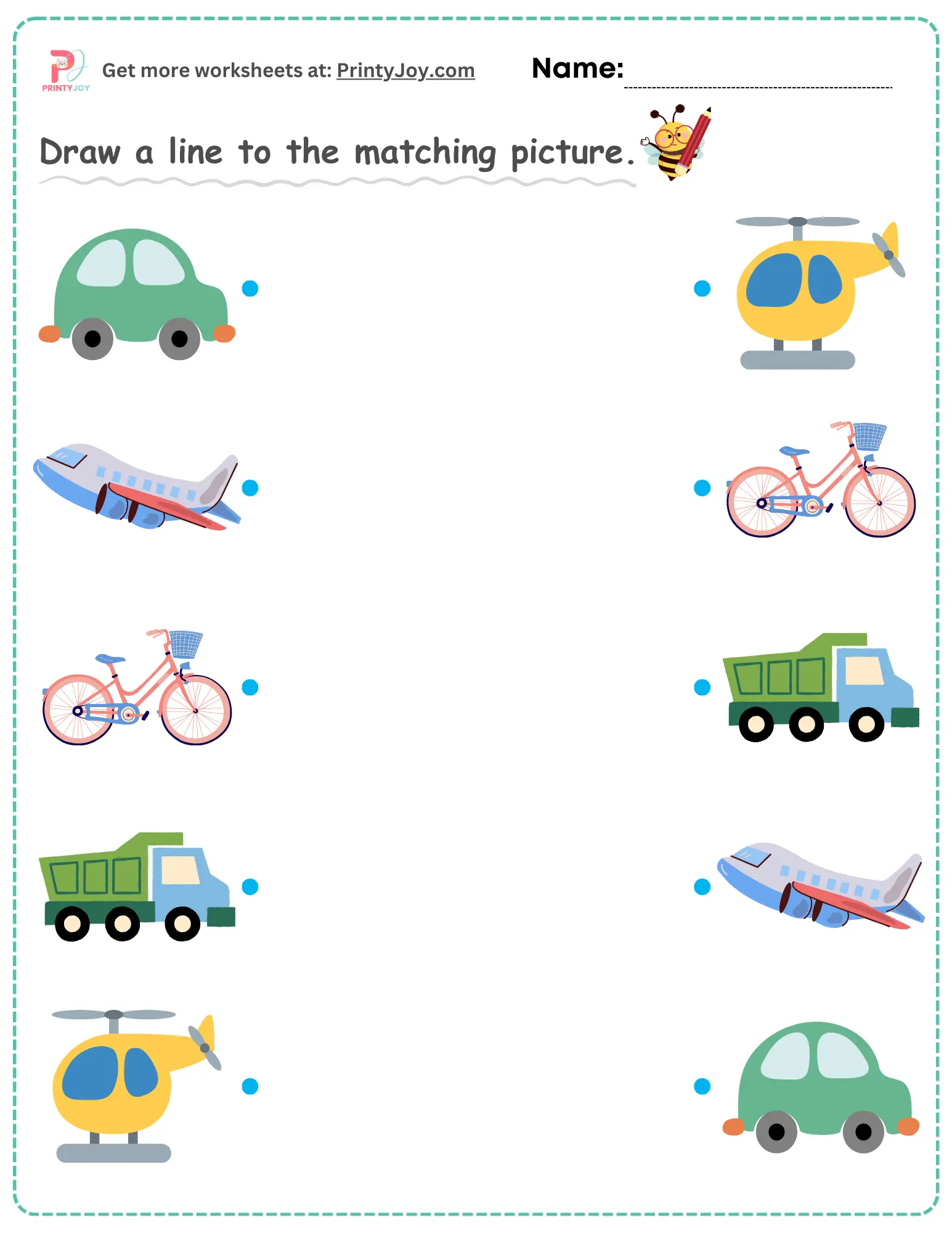 vehicles matching worksheets for kids free download