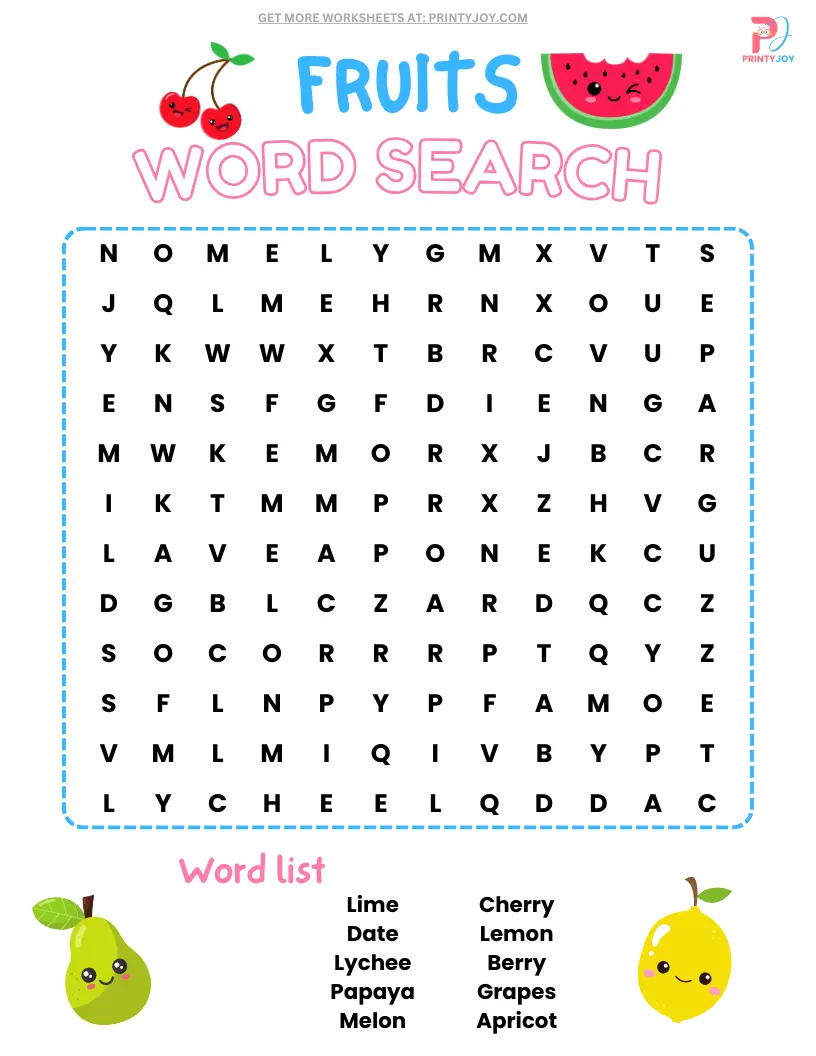 Fruits Word Search Free Printable