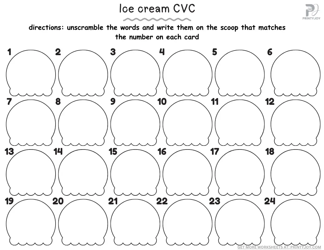 Ice Cream CVC Words Worksheets Free Printable