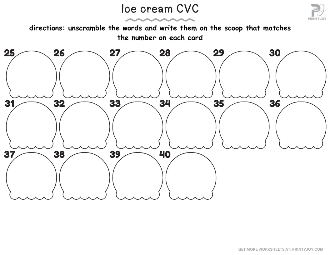 Ice Cream CVC Words Worksheets Free Printable