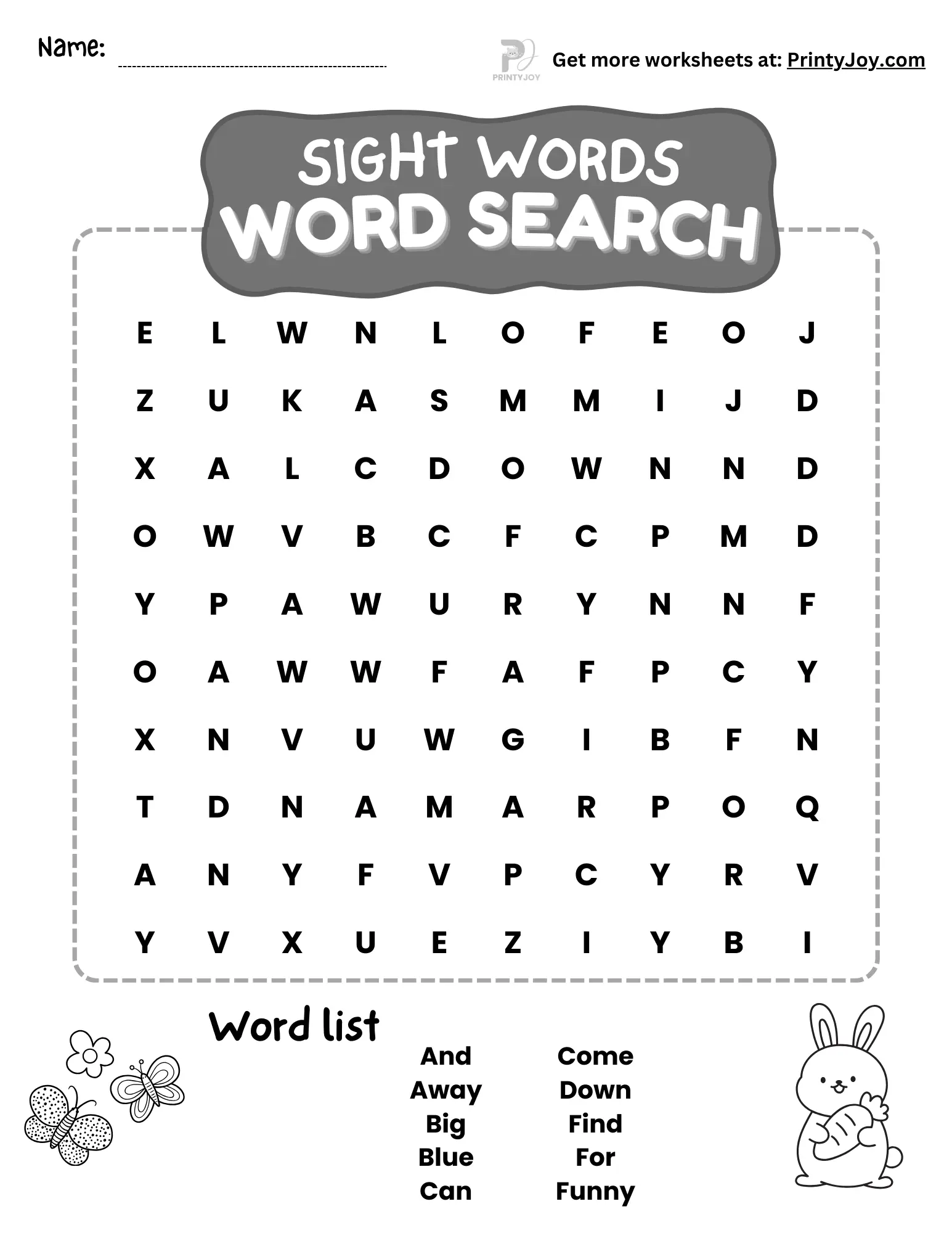 Sight Words Word Search Printable for Kindergarten